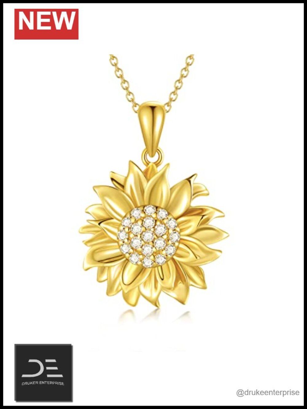 18K Gold Plated Sterling Silver Sunflower Pendant Necklace Natural Diamond